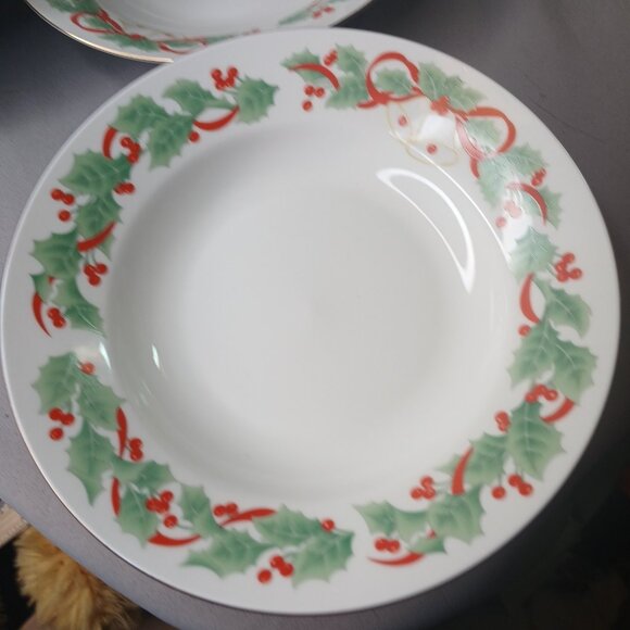 Sango NOEL 7 Rimmed 7 3/4" Soup Cereal Bowls Vintage Holly Bells Christmas 1990 - Picture 7 of 13